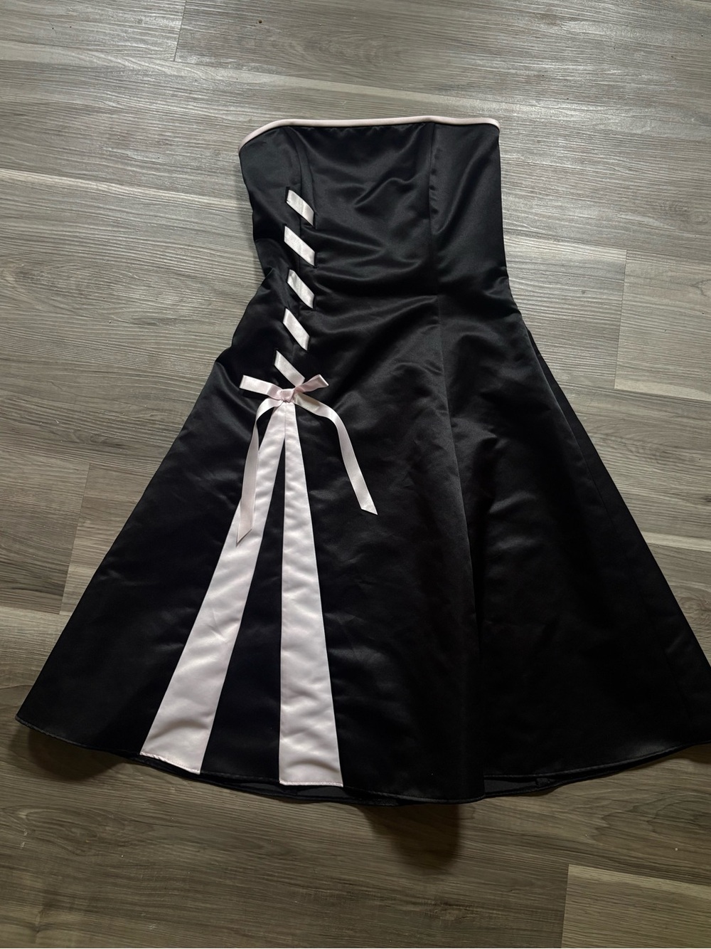 Gunne Sax Black Strapless A-Line Dress with Pale Pink Ribbon Accents